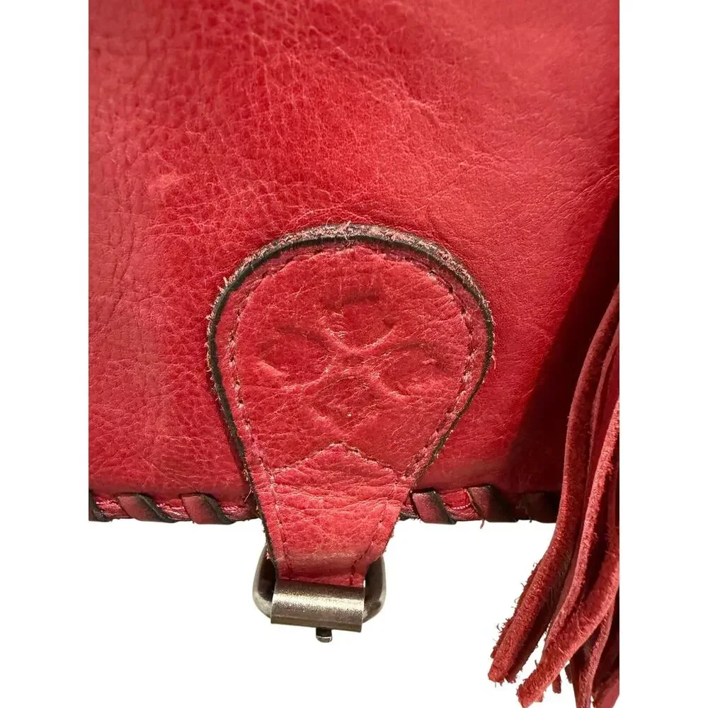 Patricia Nash Karisa Leather Whipstitch Saddle Bag Berry Red Tassels